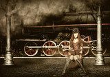 Noční steampunková scéna na nádraží