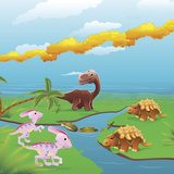 Prehistorická krajina s dinosaury a palmami