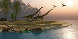 Západ slunce nad jeskynní krajinou s dinosaury
