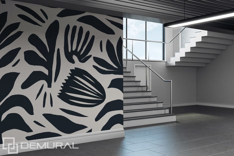 Kontrastní rostlinný vzor v černé a bílé Fototapety květiny Fototapety Demural