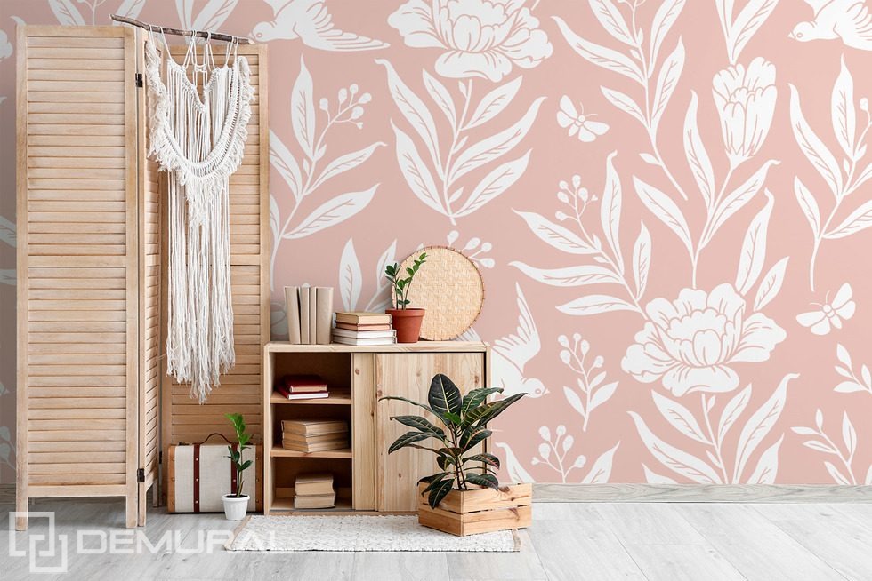 Pudrové květy v jemném boho stylu Fototapety do obývacího pokoje Fototapety Demural