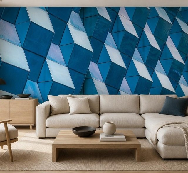 kontrastni geometrie prostorovych panelu v intenzivnich odstinech modre fototapety architektura fototapety demural