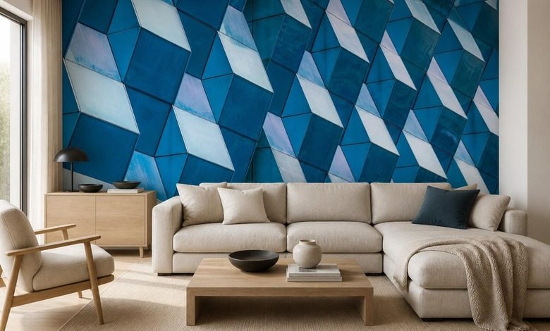 kontrastni geometrie prostorovych panelu v intenzivnich odstinech modre fototapety architektura fototapety demural