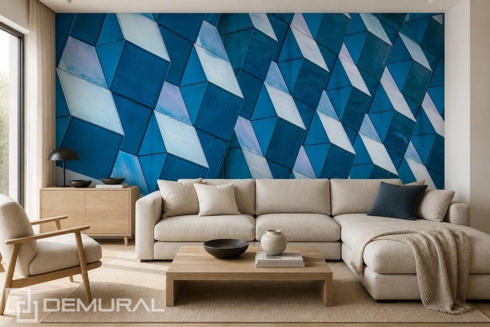 Kontrastní geometrie prostorových panelů v intenzivních odstínech modré Fototapety Architektura Fototapety Demural